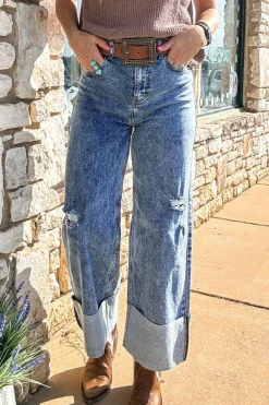 Online Dear-Lover Mineral Wash Bottom Cuff Distressed Wide Leg Jeans Ashleigh Blue