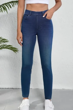 Sale Dear-Lover Multiple Pockets Straight Leg Washed Stretchy Knit Casual Jeans Ashleigh Blue