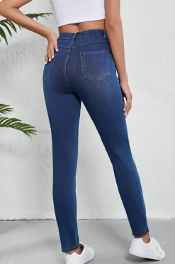 Sale Dear-Lover Multiple Pockets Straight Leg Washed Stretchy Knit Casual Jeans Ashleigh Blue