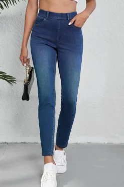 Sale Dear-Lover Multiple Pockets Straight Leg Washed Stretchy Knit Casual Jeans Ashleigh Blue