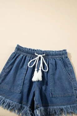 New Dear-Lover Raw Hem Drawstring High Waist Denim Shorts with Pockets Ashleigh Blue