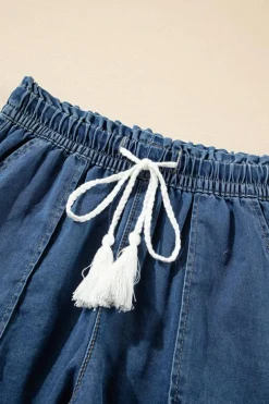 New Dear-Lover Raw Hem Drawstring High Waist Denim Shorts with Pockets Ashleigh Blue