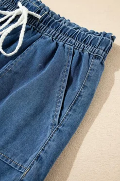 New Dear-Lover Raw Hem Drawstring High Waist Denim Shorts with Pockets Ashleigh Blue