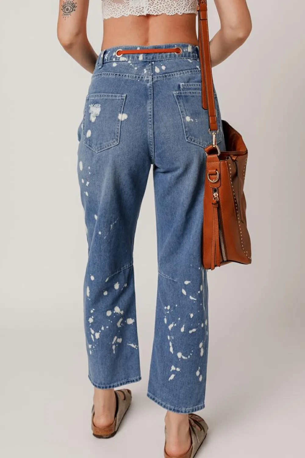 Outlet Dear-Lover Ripped Splattering Paint Rope Waist Cropped Straight Jeans Ashleigh Blue