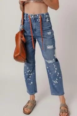 Outlet Dear-Lover Ripped Splattering Paint Rope Waist Cropped Straight Jeans Ashleigh Blue