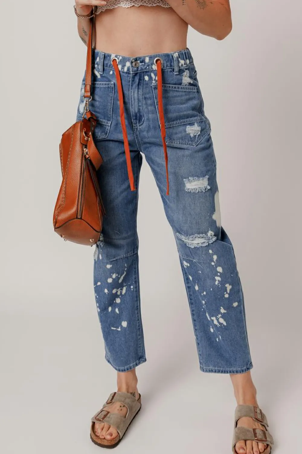 Outlet Dear-Lover Ripped Splattering Paint Rope Waist Cropped Straight Jeans Ashleigh Blue
