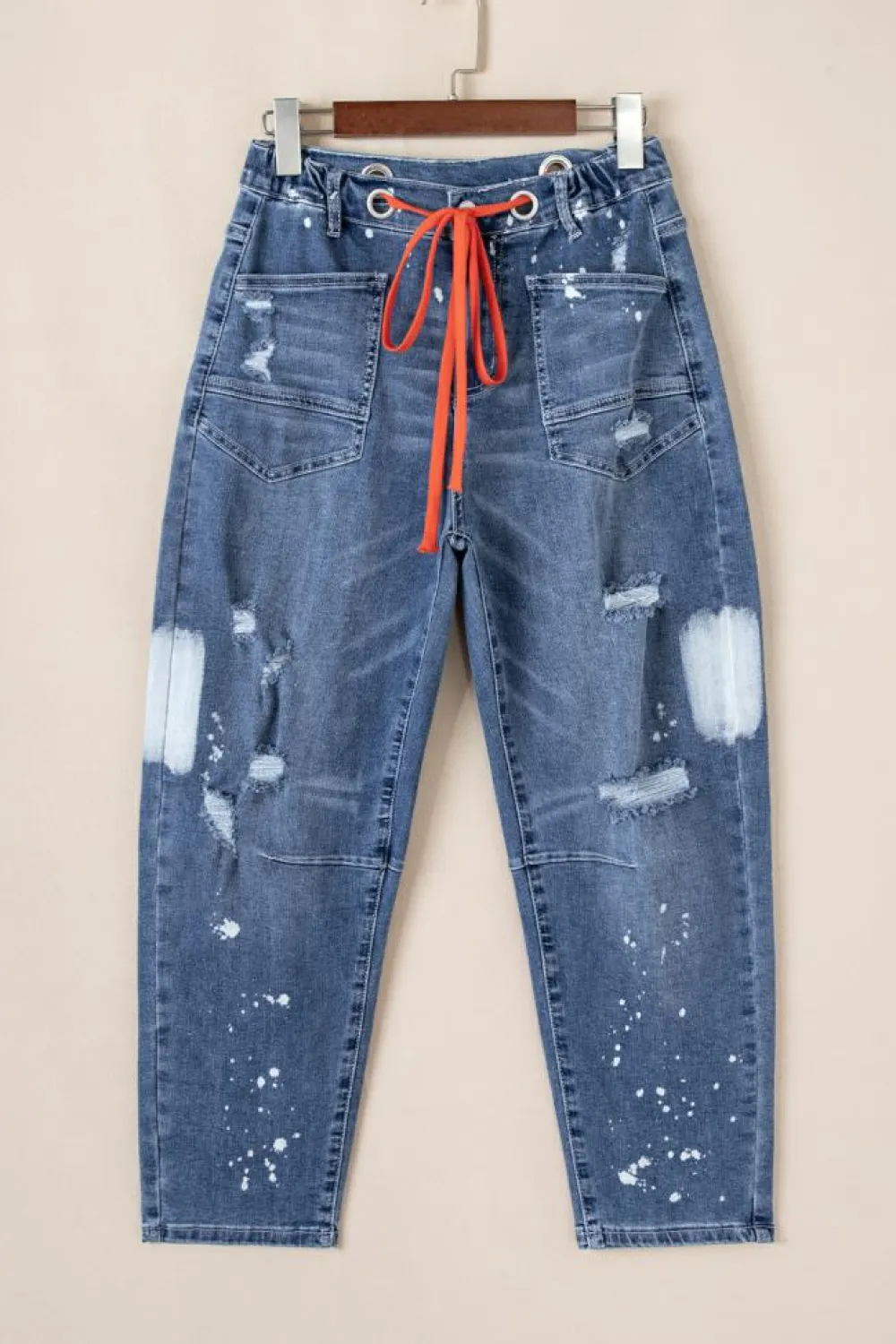 Outlet Dear-Lover Ripped Splattering Paint Rope Waist Cropped Straight Jeans Ashleigh Blue