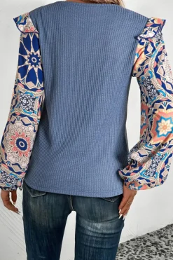 Best Dear-Lover Ruffled Floral Sleeve Patchwork Waffle Knit O Neck Blouse Ashleigh Blue