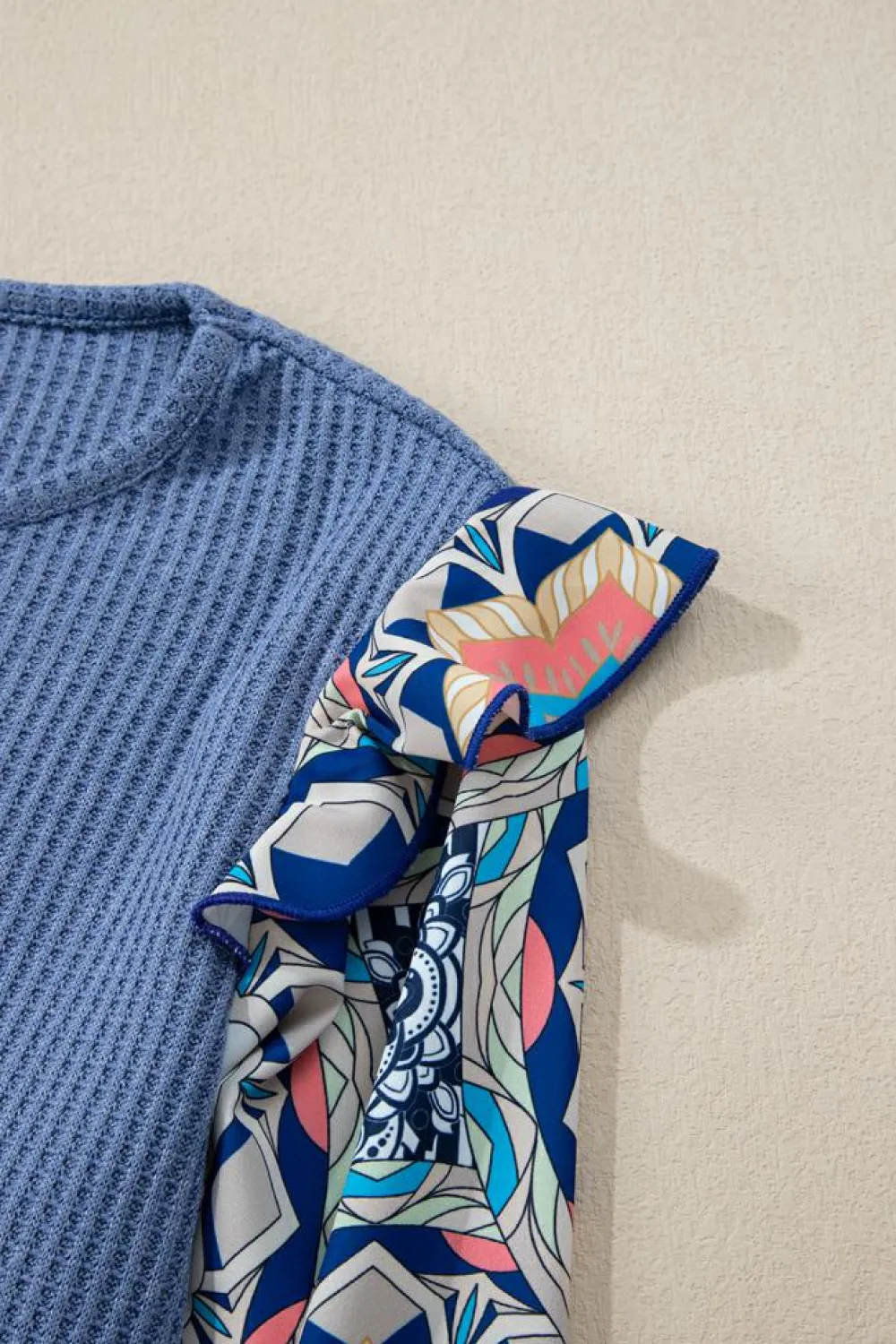 Best Dear-Lover Ruffled Floral Sleeve Patchwork Waffle Knit O Neck Blouse Ashleigh Blue