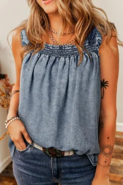 Hot Dear-Lover Ruffled Shirred Neckline Sleeveless Denim Tank Top Ashleigh Blue