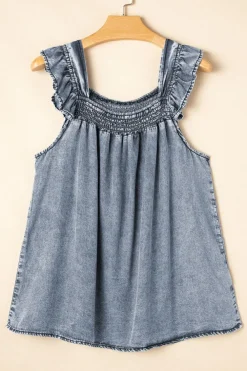 Hot Dear-Lover Ruffled Shirred Neckline Sleeveless Denim Tank Top Ashleigh Blue