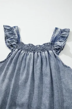 Hot Dear-Lover Ruffled Shirred Neckline Sleeveless Denim Tank Top Ashleigh Blue