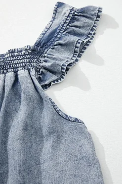 Hot Dear-Lover Ruffled Shirred Neckline Sleeveless Denim Tank Top Ashleigh Blue