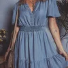Best Dear-Lover Ruffled V Neck Smocked High Waist Denim Mini Dress Ashleigh Blue