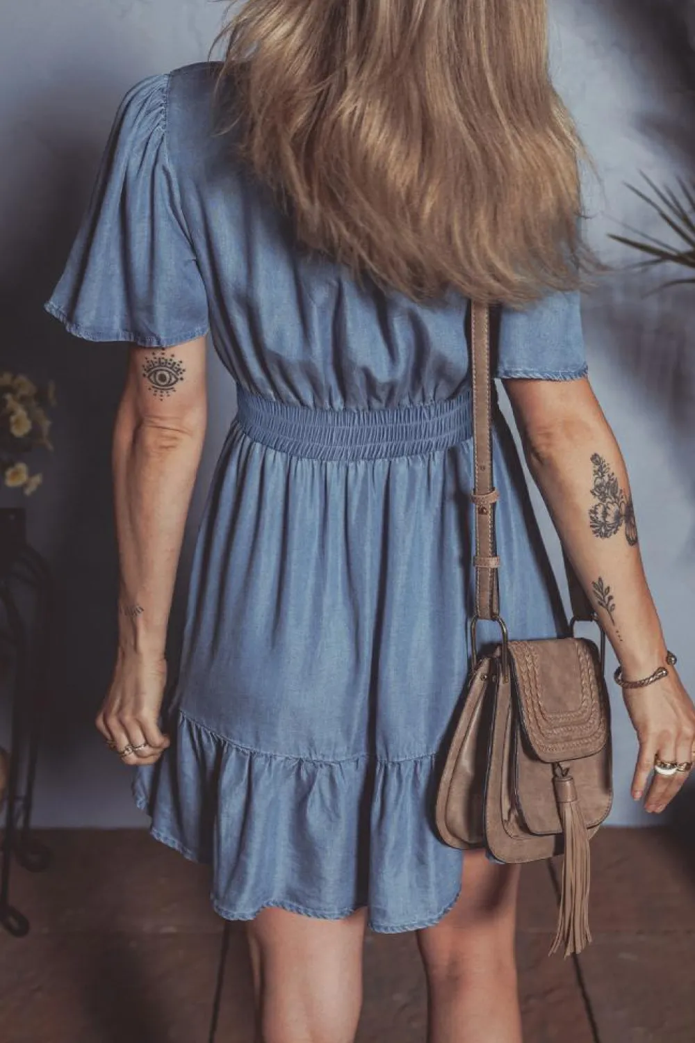 Best Dear-Lover Ruffled V Neck Smocked High Waist Denim Mini Dress Ashleigh Blue