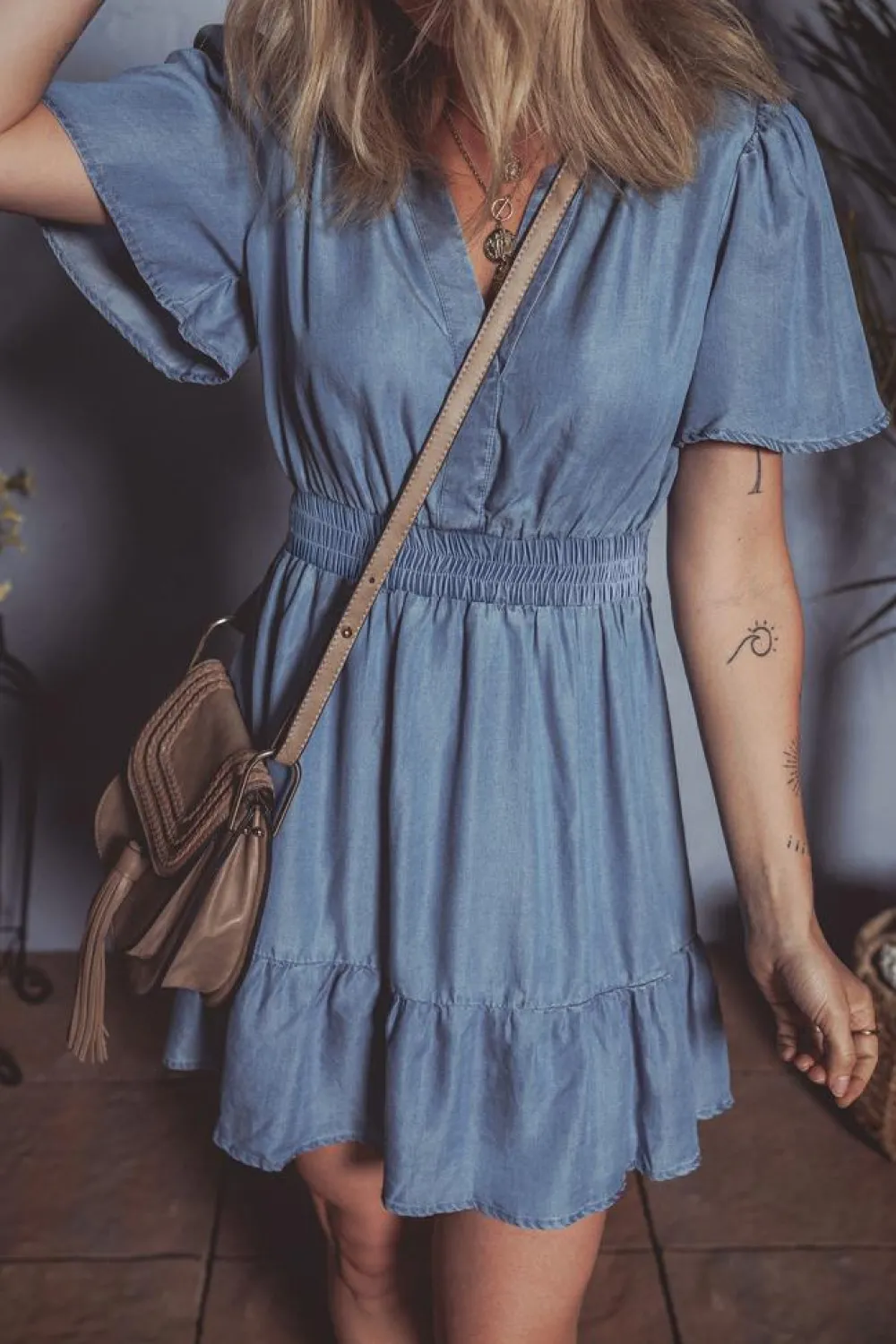Best Dear-Lover Ruffled V Neck Smocked High Waist Denim Mini Dress Ashleigh Blue