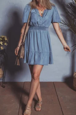 Best Dear-Lover Ruffled V Neck Smocked High Waist Denim Mini Dress Ashleigh Blue