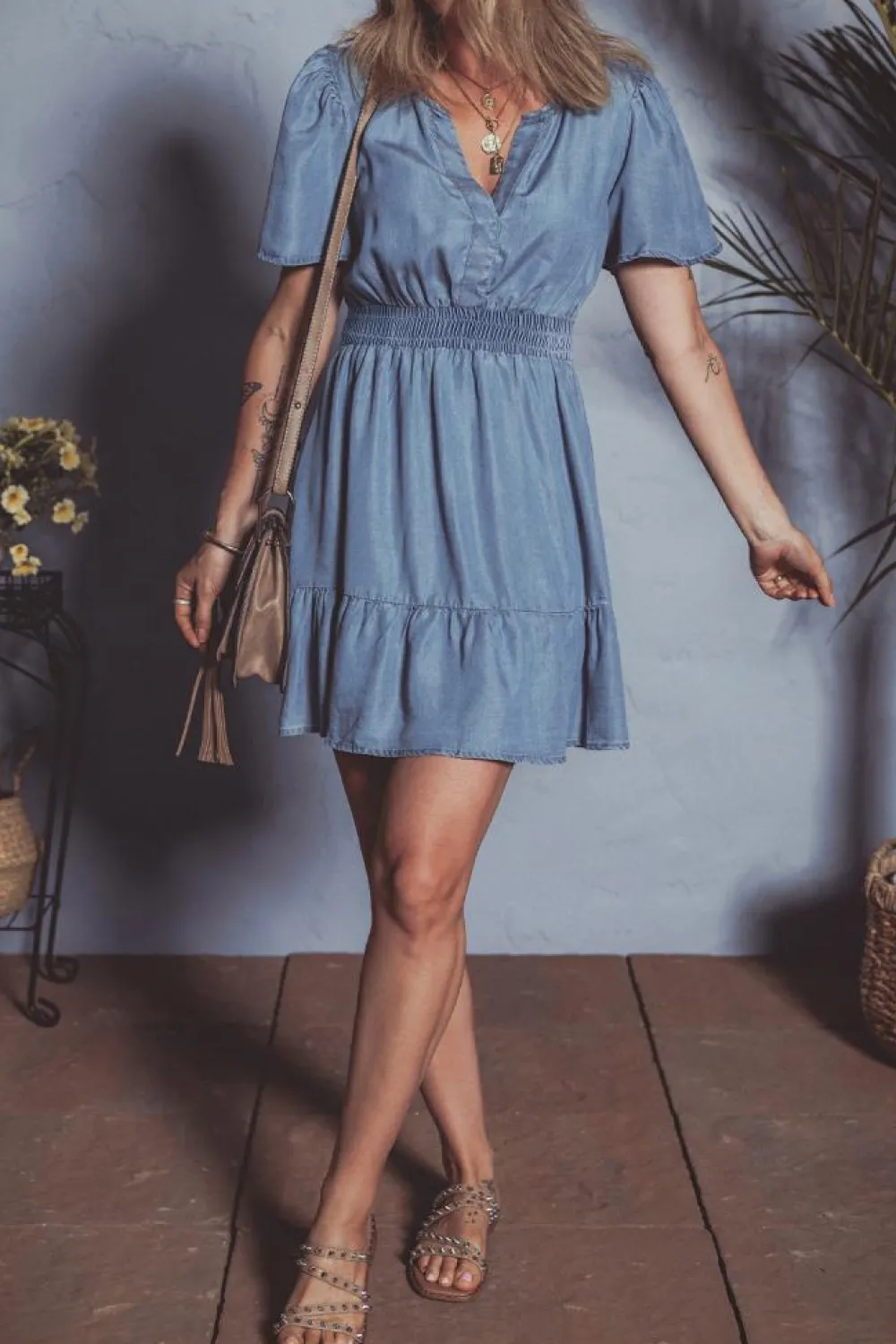Best Dear-Lover Ruffled V Neck Smocked High Waist Denim Mini Dress Ashleigh Blue