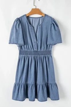 Best Dear-Lover Ruffled V Neck Smocked High Waist Denim Mini Dress Ashleigh Blue