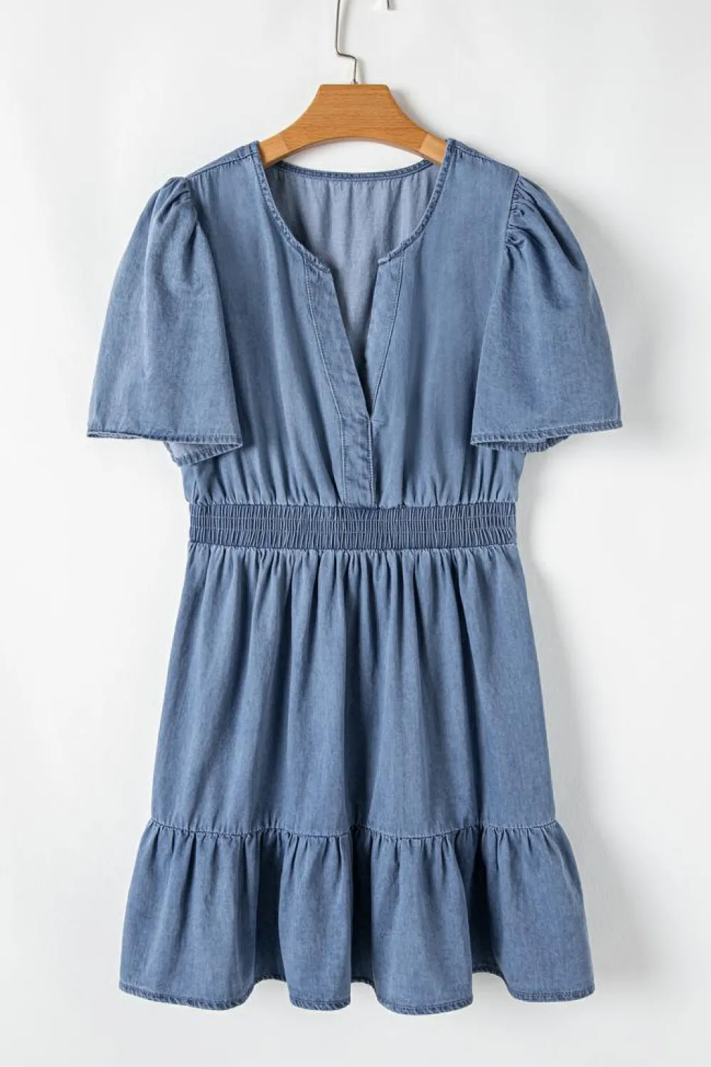Best Dear-Lover Ruffled V Neck Smocked High Waist Denim Mini Dress Ashleigh Blue
