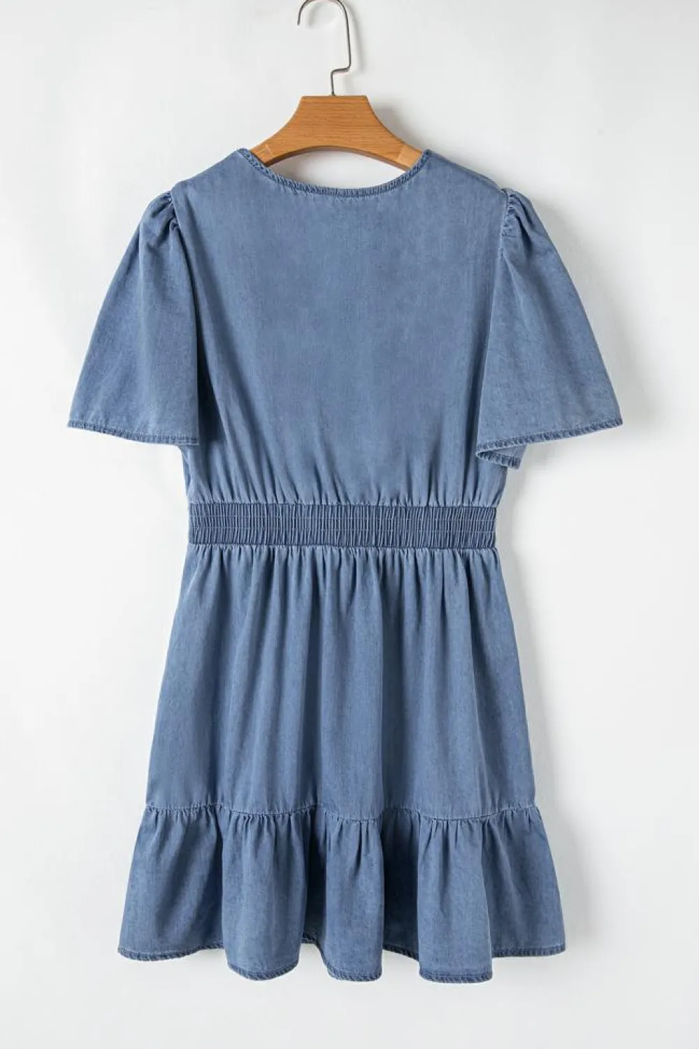 Best Dear-Lover Ruffled V Neck Smocked High Waist Denim Mini Dress Ashleigh Blue