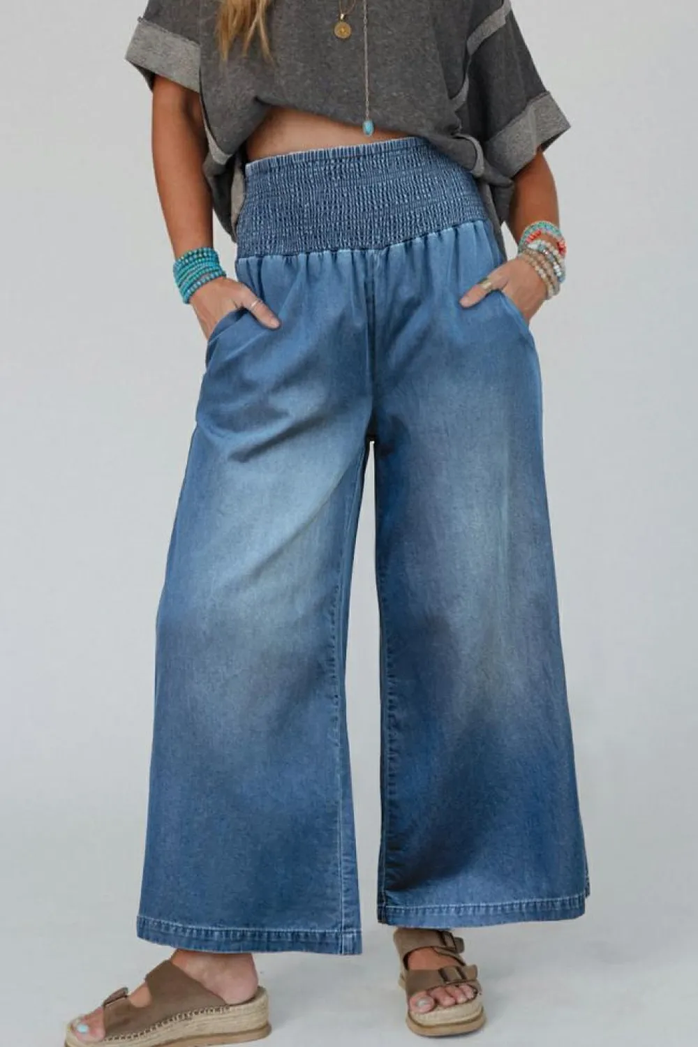 Sale Dear-Lover Smocked Waist Wide Leg Jeans Ashleigh Blue
