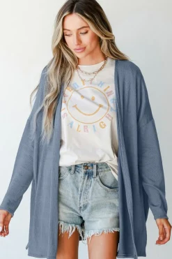 Hot Dear-Lover Solid Color Rib Knit Open Front Tunic Cardigan Ashleigh Blue