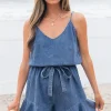 Clearance Dear-Lover Spaghetti Straps V Neck Belted Ruffled Leg Chambray Romper Ashleigh Blue
