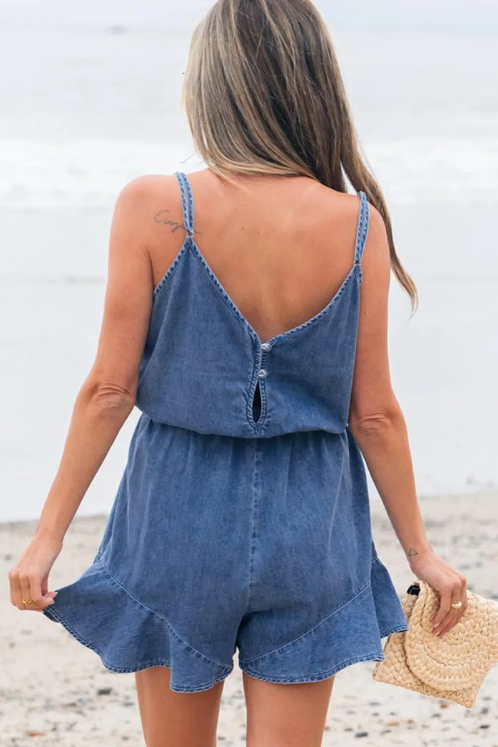 Clearance Dear-Lover Spaghetti Straps V Neck Belted Ruffled Leg Chambray Romper Ashleigh Blue