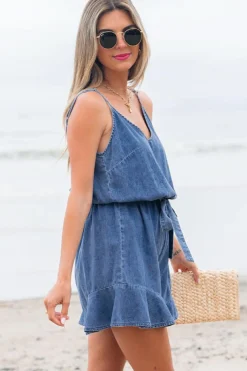 Clearance Dear-Lover Spaghetti Straps V Neck Belted Ruffled Leg Chambray Romper Ashleigh Blue