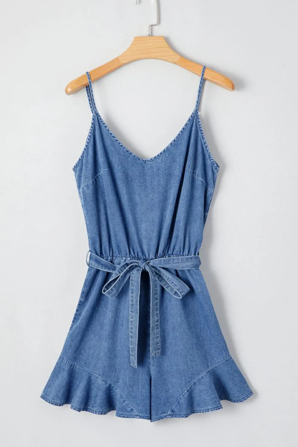 Clearance Dear-Lover Spaghetti Straps V Neck Belted Ruffled Leg Chambray Romper Ashleigh Blue
