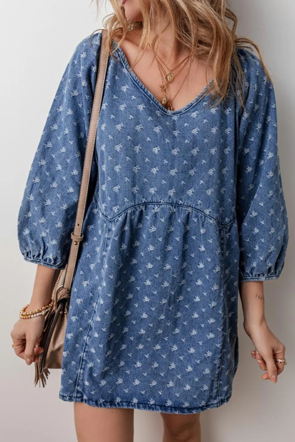 Online Dear-Lover Textured Open Back Loose Fit Denim Dress Ashleigh Blue