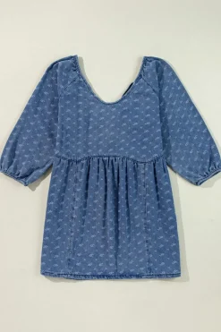 Online Dear-Lover Textured Open Back Loose Fit Denim Dress Ashleigh Blue