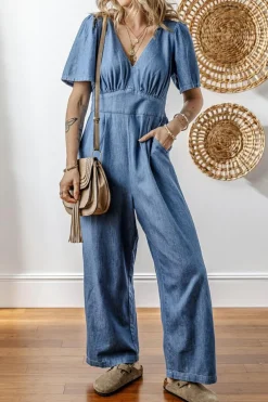 Online Dear-Lover V Neck Short Sleeve Smocked Back Denim Loose Jumpsuit Ashleigh Blue