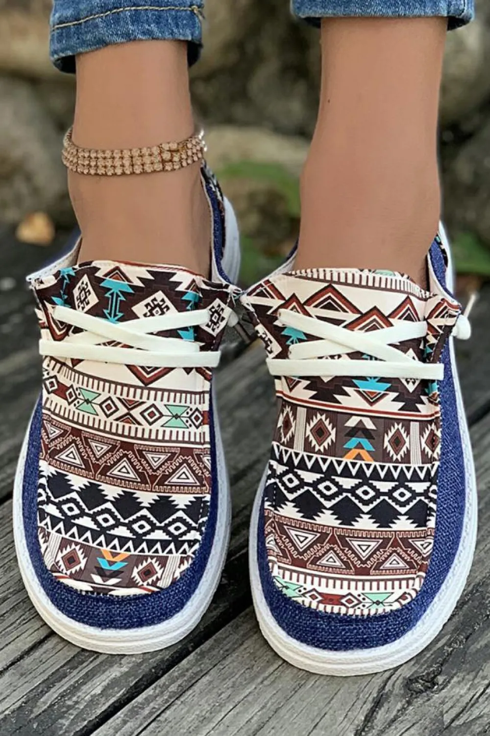 Hot Dear-Lover Vintage Aztec Patchwork Lace-up Decor Flat Shoes Ashleigh Blue