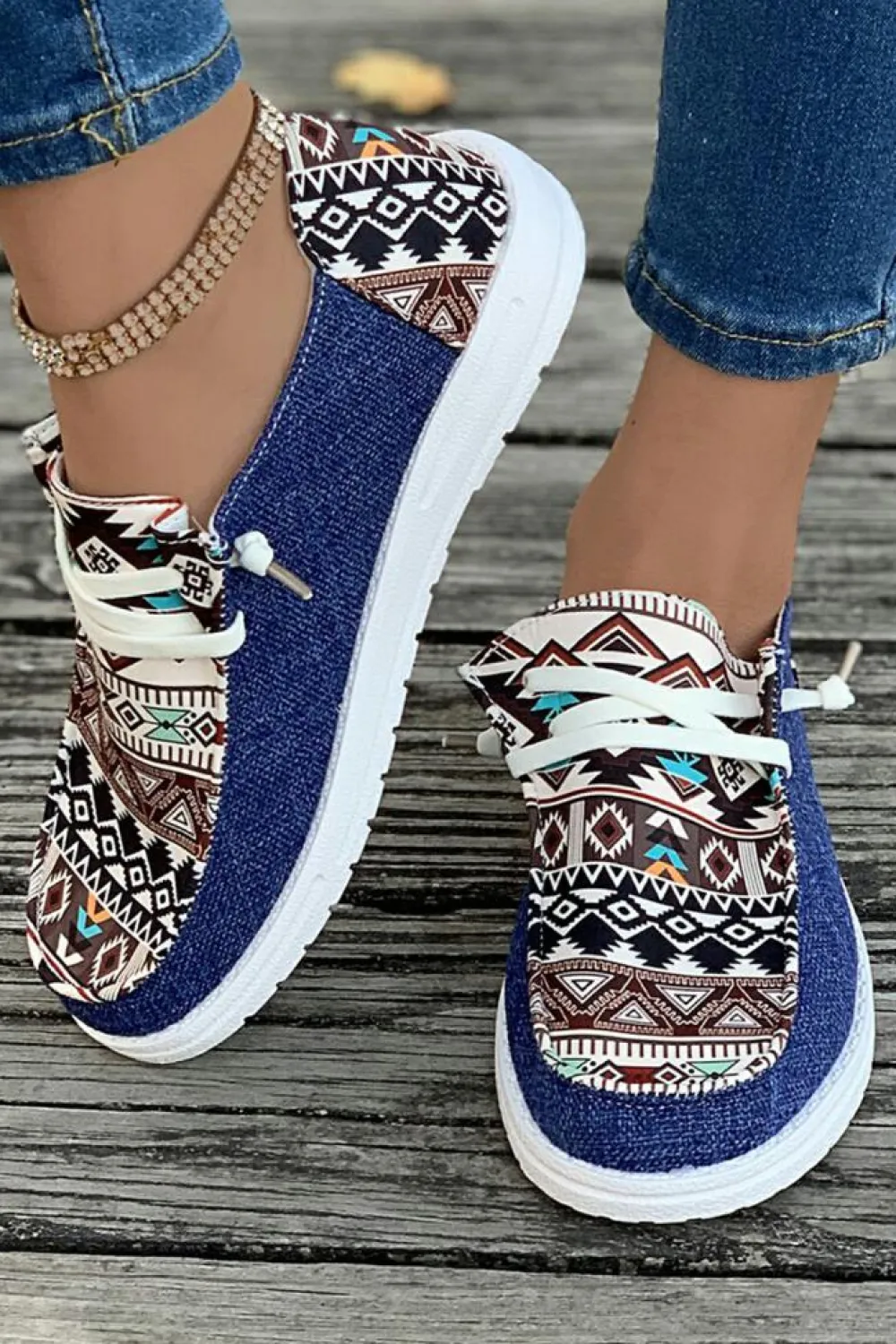Hot Dear-Lover Vintage Aztec Patchwork Lace-up Decor Flat Shoes Ashleigh Blue