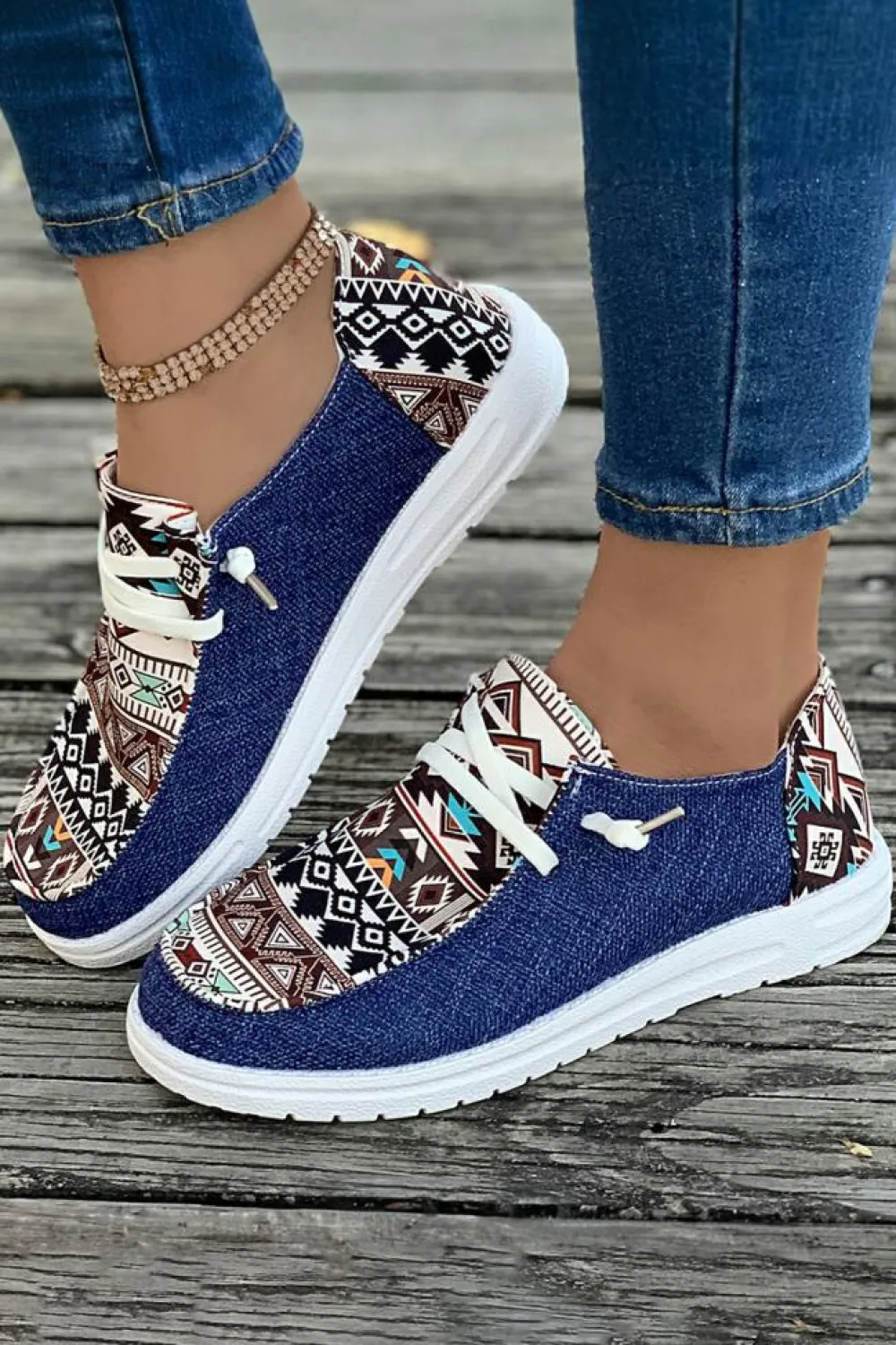 Hot Dear-Lover Vintage Aztec Patchwork Lace-up Decor Flat Shoes Ashleigh Blue
