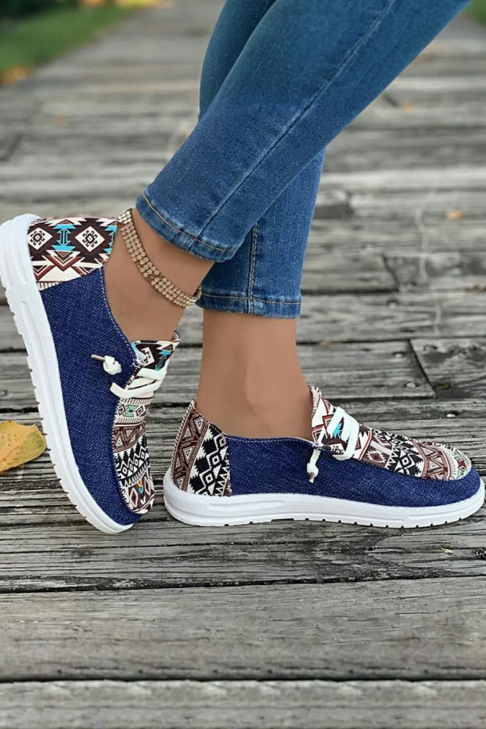 Hot Dear-Lover Vintage Aztec Patchwork Lace-up Decor Flat Shoes Ashleigh Blue