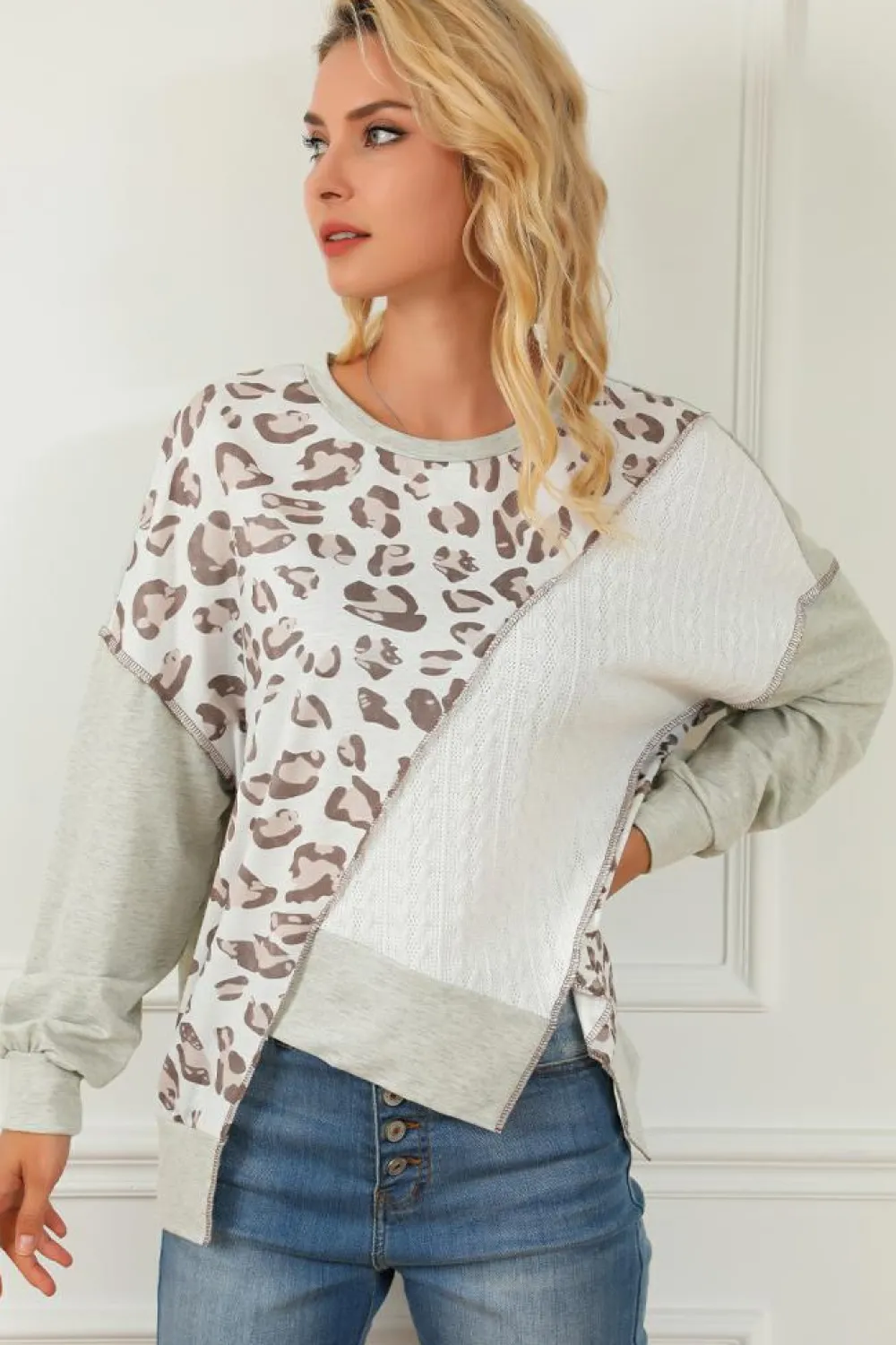 Best Dear-Lover Asymmetrical Texture Splicing Loose Sweatshirt Leopard