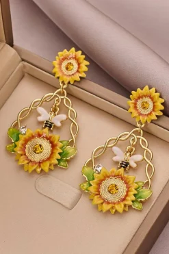 Discount Dear-Lover Enamel Sunflower Gold Plated Chaining Earrings Banana Cream