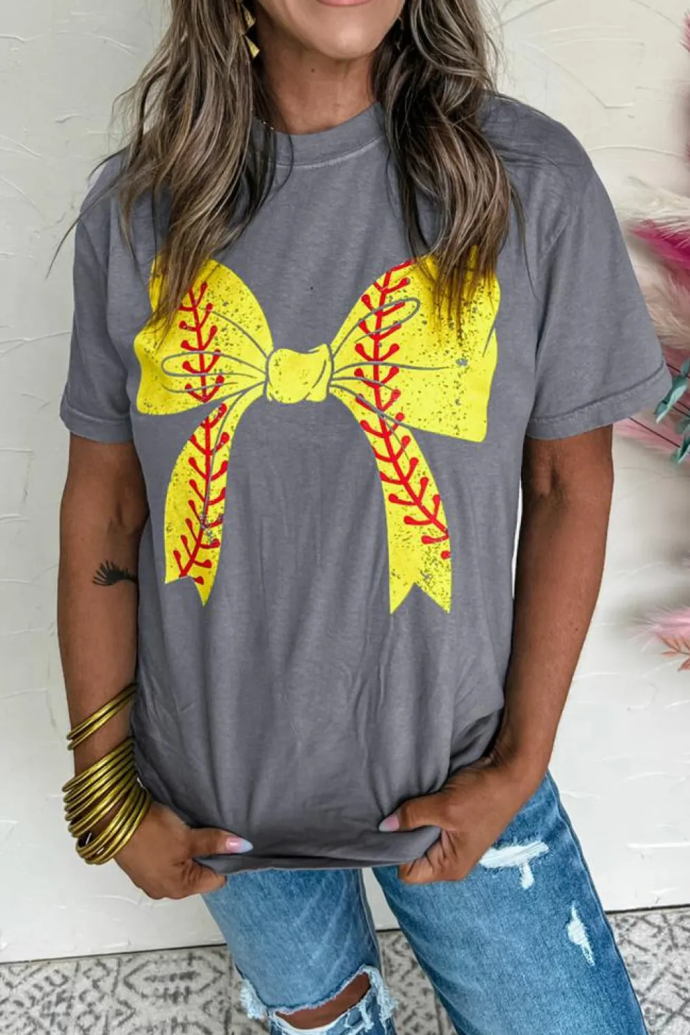 Discount Dear-Lover Baseball Bowknot Graphic Casual Tee Gray-2