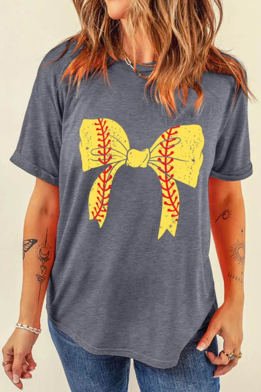 Discount Dear-Lover Baseball Bowknot Graphic Casual Tee Gray-2