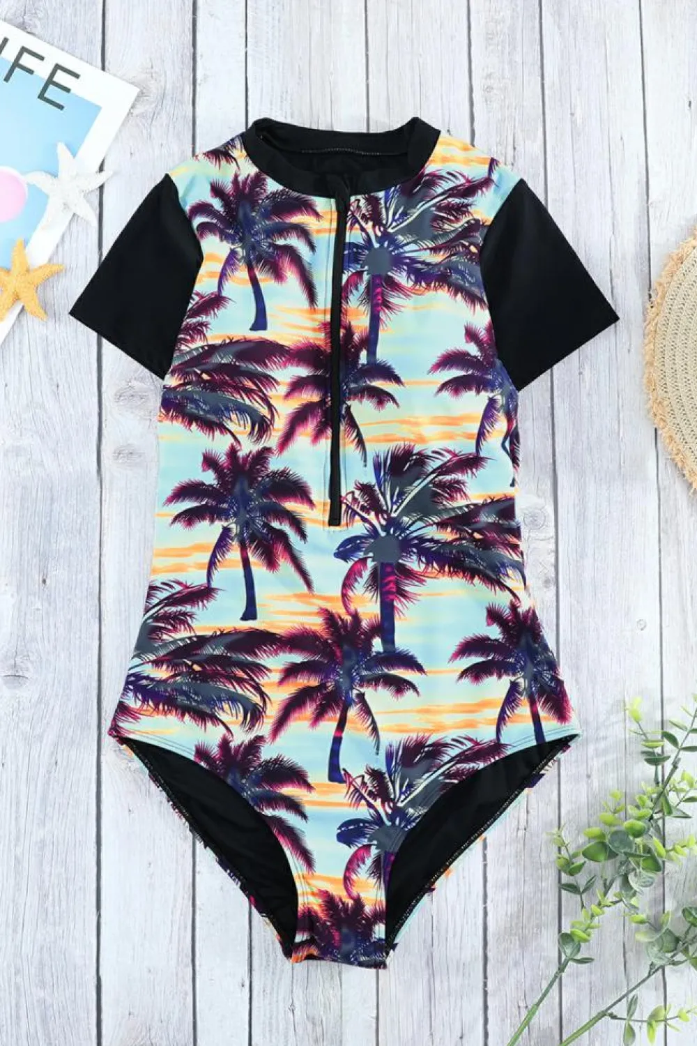 Outlet Dear-Lover Beach Sunset Zip Front Half Sleeve One Piece Swimsuit Black