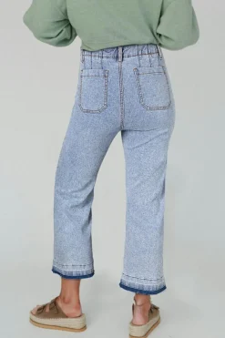 Outlet Dear-Lover Acid Wash Contrast Edge Pocketed Cropped Jeans Beau Blue