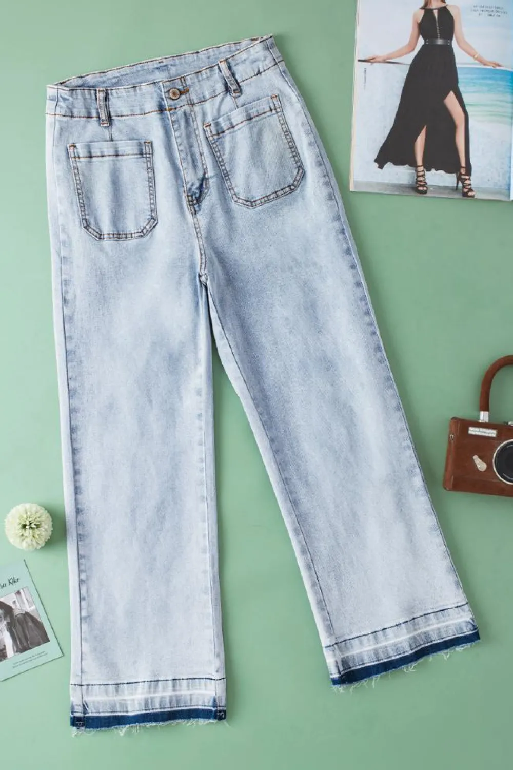 Outlet Dear-Lover Acid Wash Contrast Edge Pocketed Cropped Jeans Beau Blue