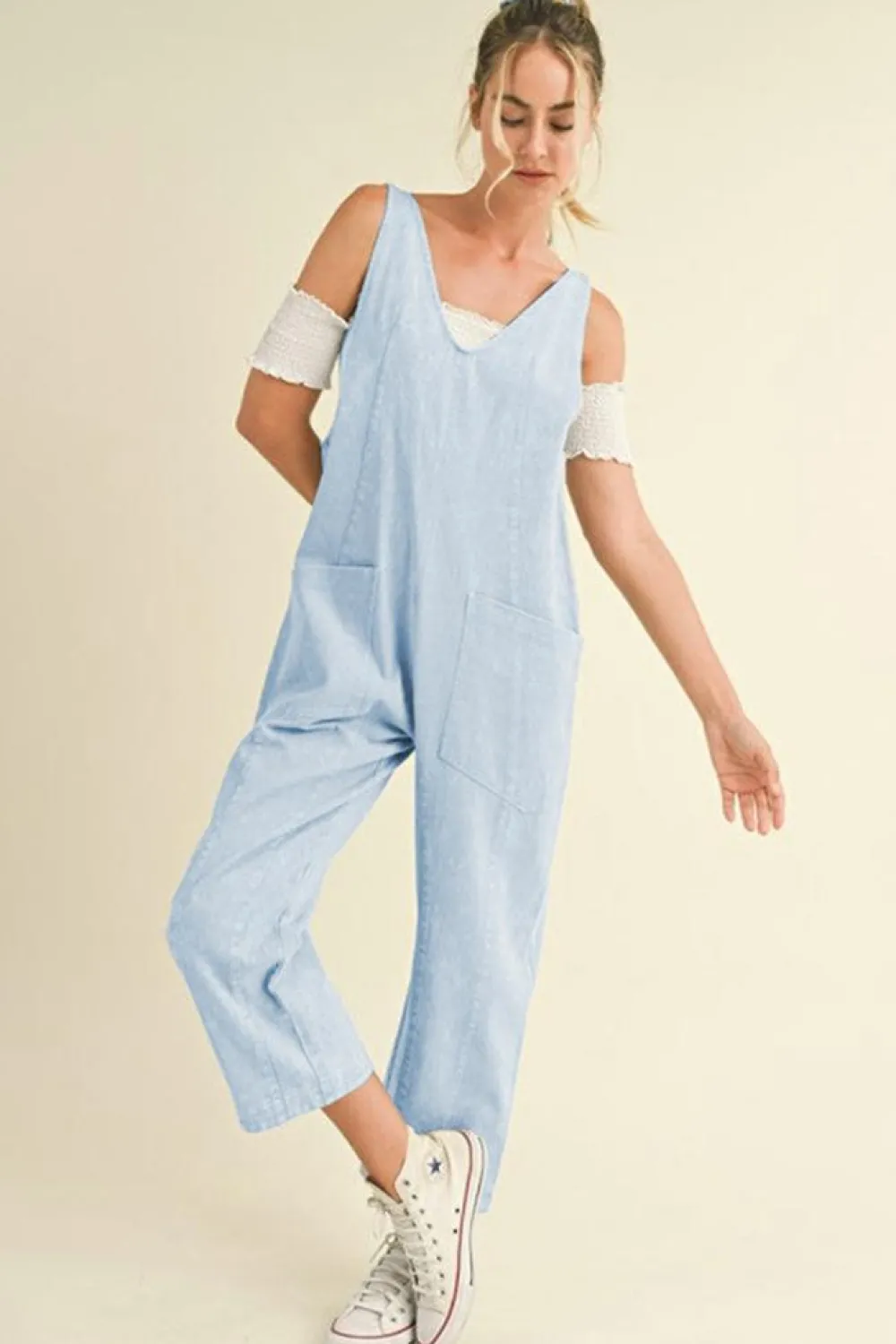 Discount Dear-Lover Adjustable Strap V Neck Pocketed Denim Overalls Beau Blue