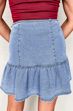 Clearance Dear-Lover Asymmetric Ruffle Overlay Denim Mini Skirt Beau Blue