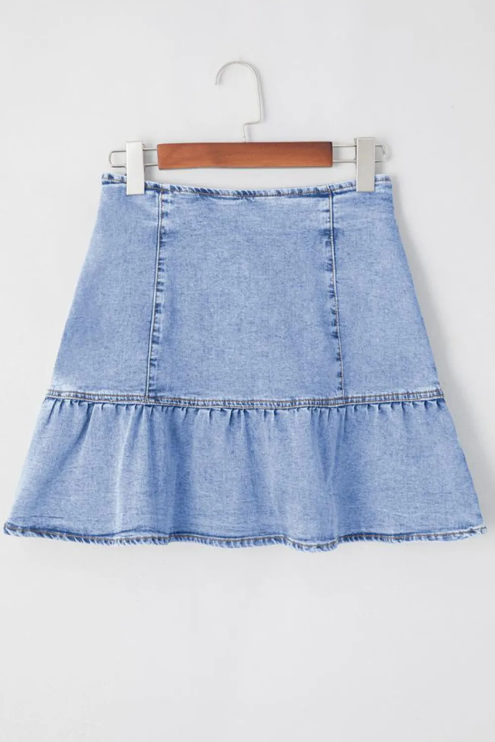 Clearance Dear-Lover Asymmetric Ruffle Overlay Denim Mini Skirt Beau Blue