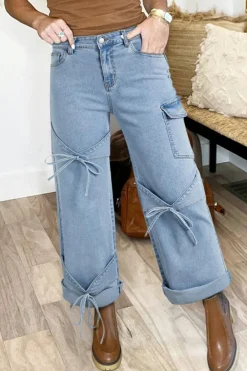 New Dear-Lover Bowknot Decor Boyfriend Cargo Jeans Beau Blue