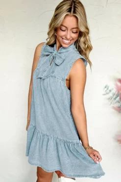 Discount Dear-Lover Bowknot Neck Sleeveless Ruffled Chambray Dress Beau Blue